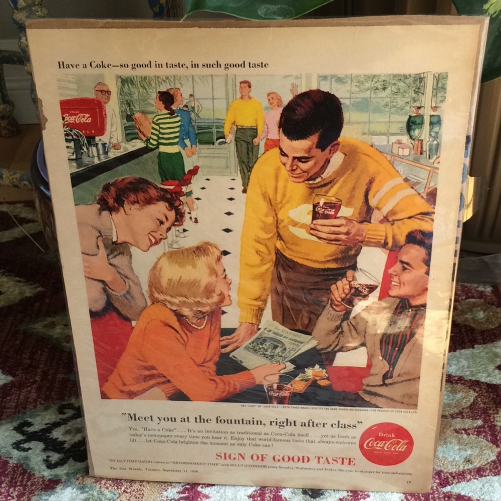 VINTAGE 1958 COCA COLA MAGAZINE PRINT ADVERTIZING 1950'S FOUNTAIN SHOP SCENE